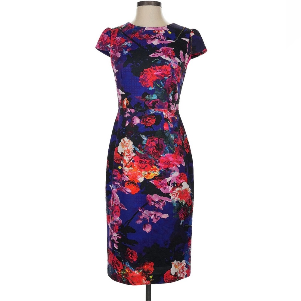 Betsey Johnson Navy Floral Sheath Dress with Pink & Red Accents